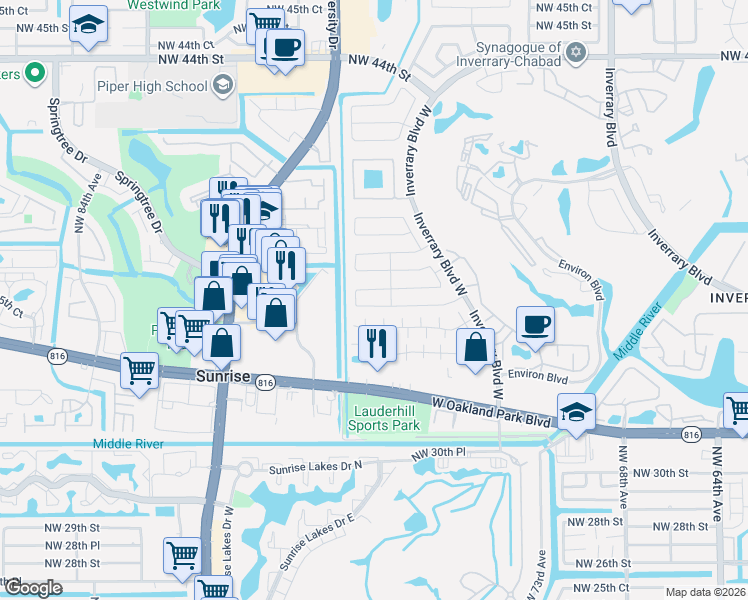 map of restaurants, bars, coffee shops, grocery stores, and more near 7461 Northwest 35th Street in Lauderhill