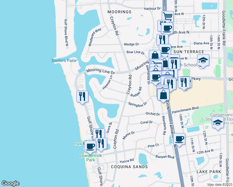 map of restaurants, bars, coffee shops, grocery stores, and more near 428 Rudder Road in Naples