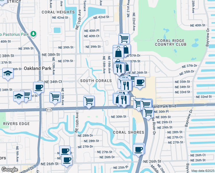 map of restaurants, bars, coffee shops, grocery stores, and more near 3418 Northeast 19th Avenue in Oakland Park