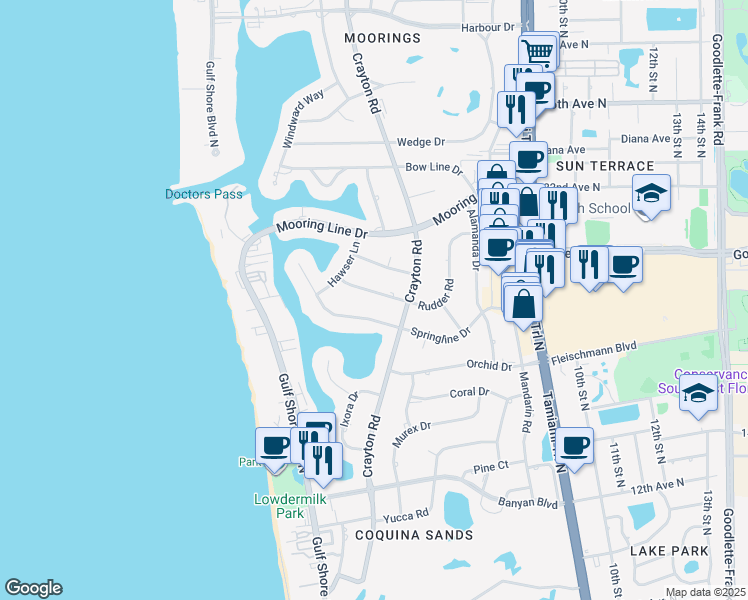 map of restaurants, bars, coffee shops, grocery stores, and more near 405 Rudder Road in Naples