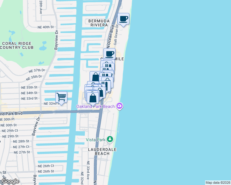 map of restaurants, bars, coffee shops, grocery stores, and more near 3430 Galt Ocean Drive in Fort Lauderdale