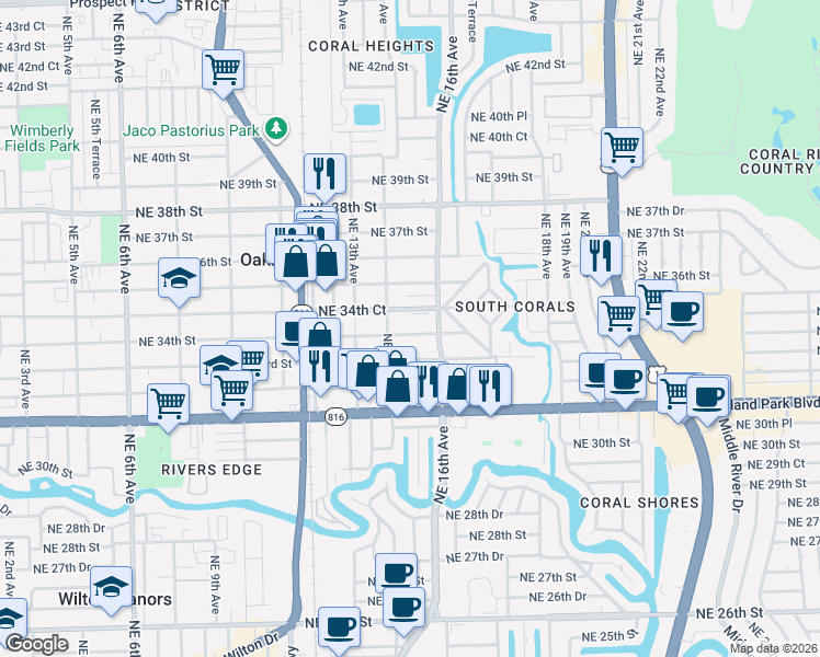 map of restaurants, bars, coffee shops, grocery stores, and more near 1570 Northeast 34th Court in Oakland Park