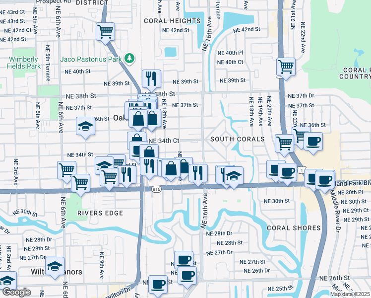 map of restaurants, bars, coffee shops, grocery stores, and more near 1498 Northeast 34th Court in Oakland Park