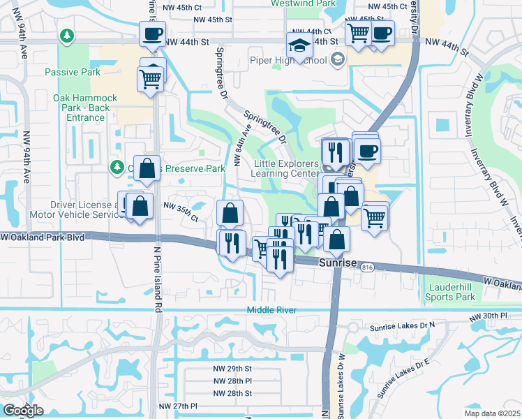 map of restaurants, bars, coffee shops, grocery stores, and more near 3683 Northwest 83rd Lane in Sunrise