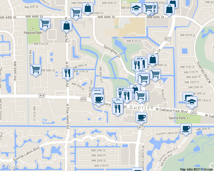 map of restaurants, bars, coffee shops, grocery stores, and more near 3683 Northwest 83rd Lane in Sunrise