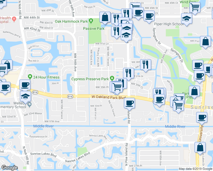 map of restaurants, bars, coffee shops, grocery stores, and more near 3621 Northwest 36th Street in Sunrise