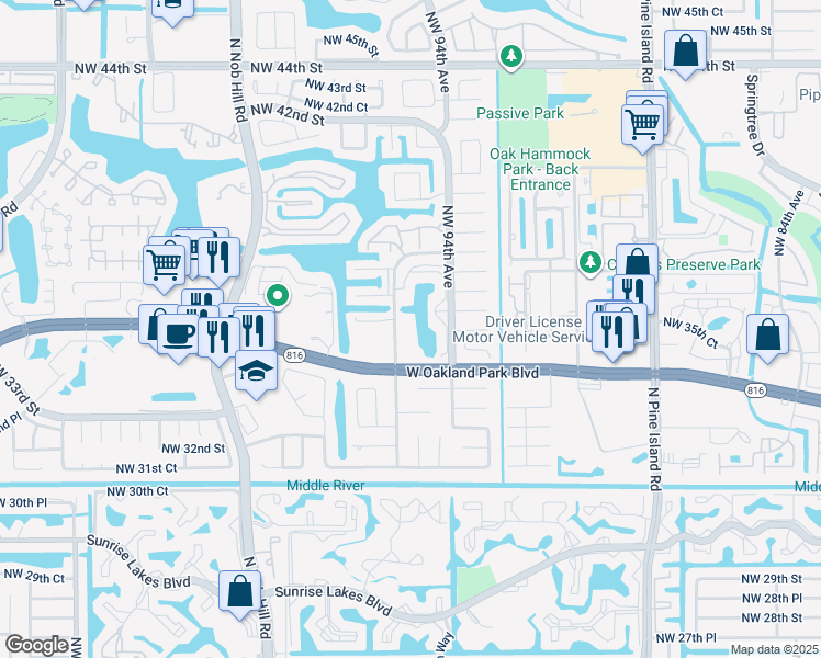 map of restaurants, bars, coffee shops, grocery stores, and more near 3564 Northwest 95th Terrace in Sunrise