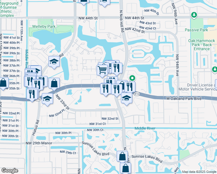 map of restaurants, bars, coffee shops, grocery stores, and more near in Sunrise