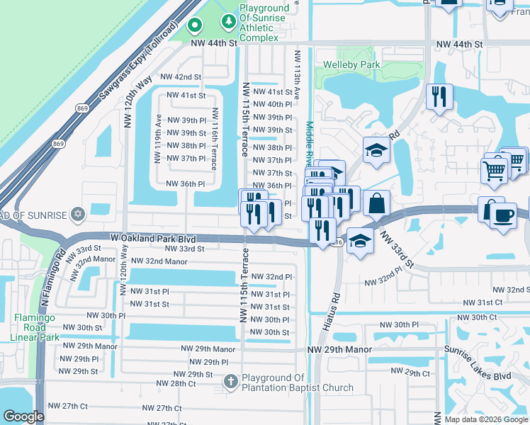 map of restaurants, bars, coffee shops, grocery stores, and more near 11441 Northwest 35th Place in Sunrise