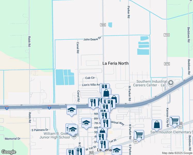 map of restaurants, bars, coffee shops, grocery stores, and more near 1-89 Yellow Rose Drive in La Feria