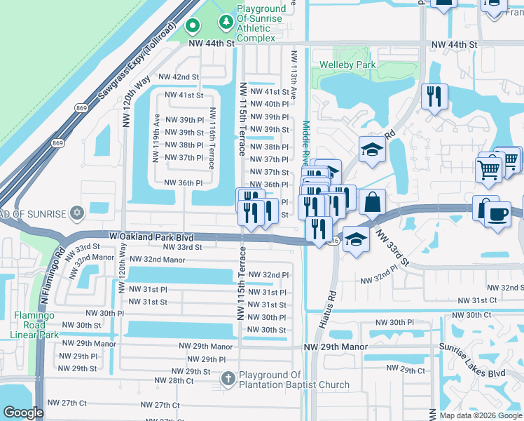 map of restaurants, bars, coffee shops, grocery stores, and more near 11441 Northwest 35th Place in Sunrise