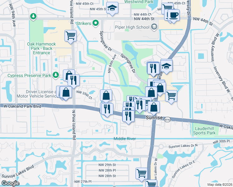 map of restaurants, bars, coffee shops, grocery stores, and more near 3683 Northwest 83rd Lane in Sunrise
