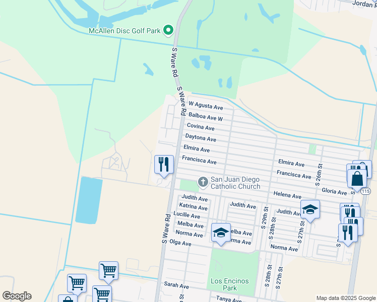map of restaurants, bars, coffee shops, grocery stores, and more near 3600 Elmira Avenue in McAllen