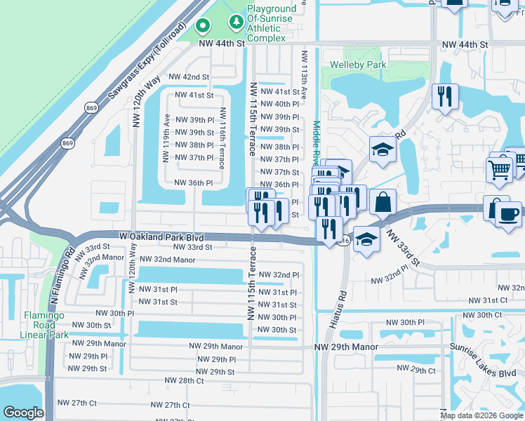 map of restaurants, bars, coffee shops, grocery stores, and more near 11441 Northwest 35th Place in Sunrise