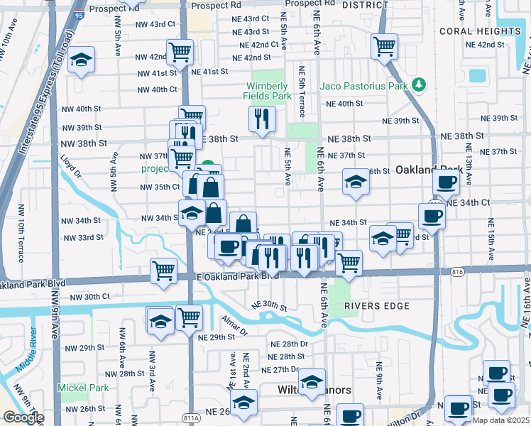 map of restaurants, bars, coffee shops, grocery stores, and more near 301 Northeast 34th Court in Oakland Park
