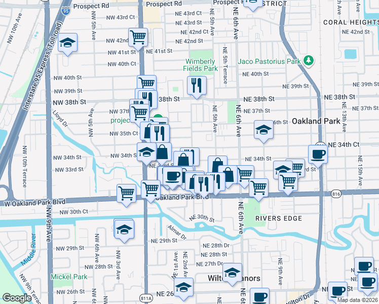 map of restaurants, bars, coffee shops, grocery stores, and more near 301 Northeast 34th Court in Oakland Park
