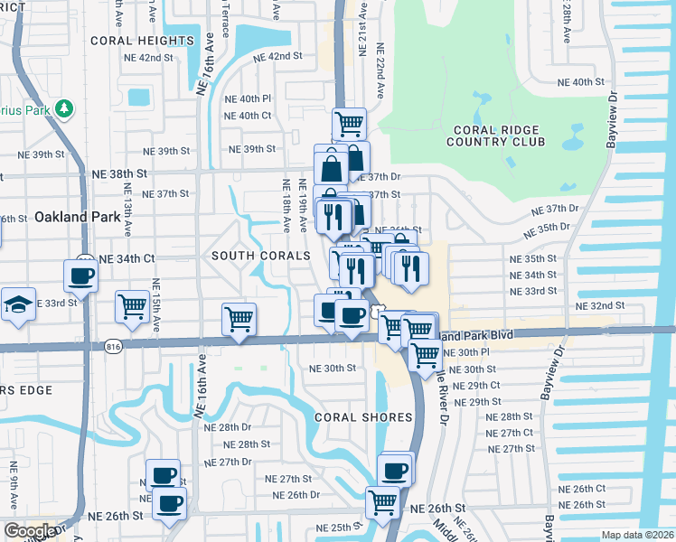 map of restaurants, bars, coffee shops, grocery stores, and more near 3333 Northeast 20th Avenue in Oakland Park