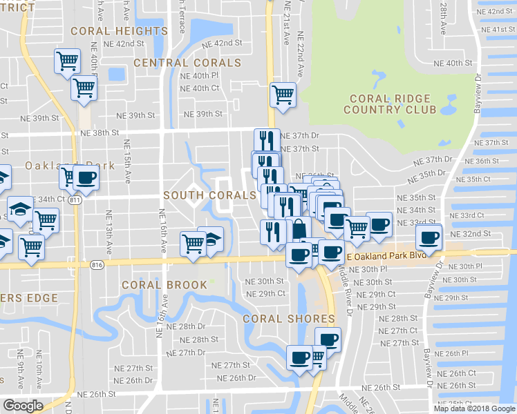 map of restaurants, bars, coffee shops, grocery stores, and more near 3397 Northeast 20th Avenue in Oakland Park