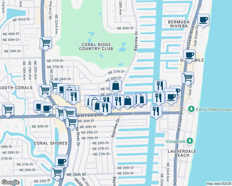 map of restaurants, bars, coffee shops, grocery stores, and more near 2764 Northeast 35th Street in Fort Lauderdale