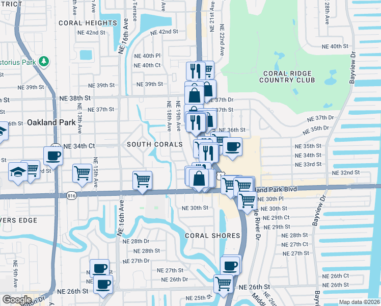 map of restaurants, bars, coffee shops, grocery stores, and more near 3418 Northeast 19th Avenue in Oakland Park