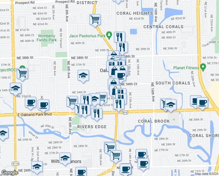 map of restaurants, bars, coffee shops, grocery stores, and more near 1074 Northeast 34th Court in Oakland Park