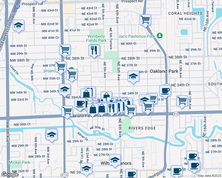 map of restaurants, bars, coffee shops, grocery stores, and more near 581 Northeast 34th Court in Oakland Park