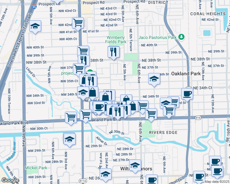 map of restaurants, bars, coffee shops, grocery stores, and more near 301 Northeast 34th Court in Oakland Park