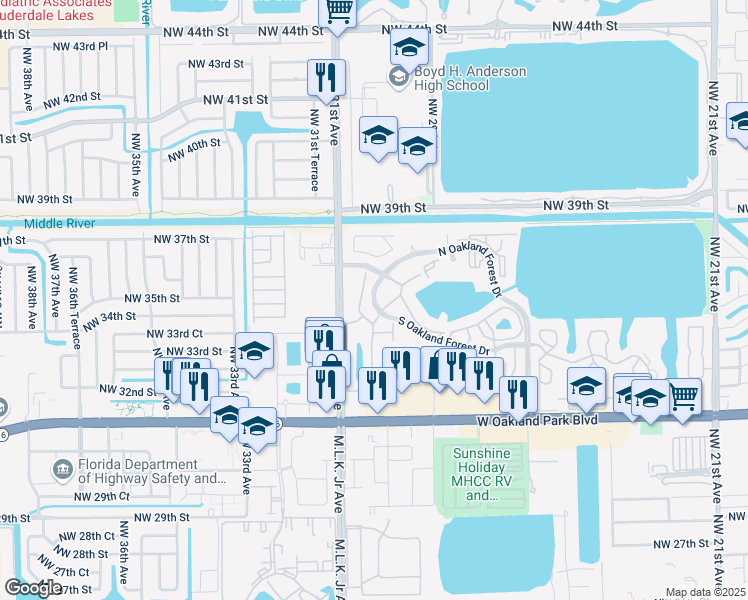 map of restaurants, bars, coffee shops, grocery stores, and more near 2829 Forest Park in Oakland Park