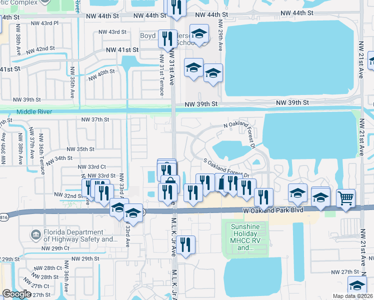 map of restaurants, bars, coffee shops, grocery stores, and more near 2829 Forest Park in Oakland Park