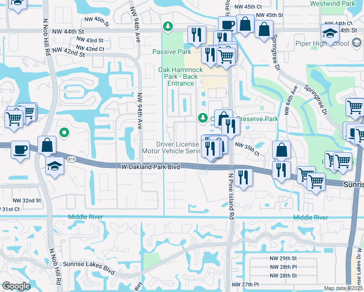 map of restaurants, bars, coffee shops, grocery stores, and more near 3596 Northwest 91st Lane in Sunrise