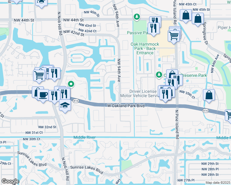 map of restaurants, bars, coffee shops, grocery stores, and more near 9380 Northwest 35th Manor in Sunrise
