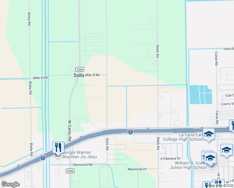 map of restaurants, bars, coffee shops, grocery stores, and more near 26651 Old Solis Road in La Feria