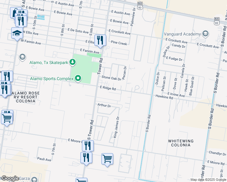 map of restaurants, bars, coffee shops, grocery stores, and more near 416 Ridge Road in Alamo