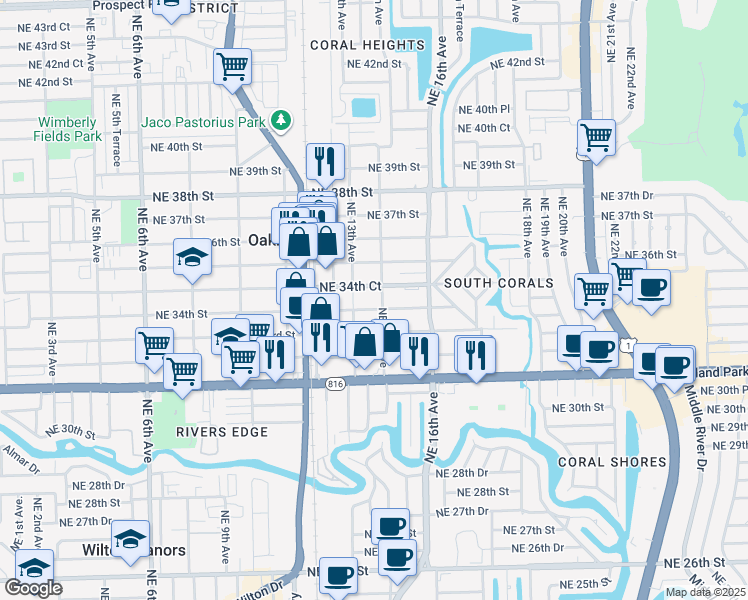 map of restaurants, bars, coffee shops, grocery stores, and more near 1498 Northeast 34th Court in Oakland Park