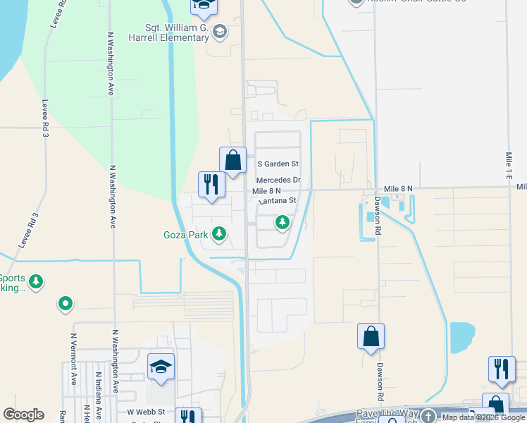 map of restaurants, bars, coffee shops, grocery stores, and more near 1223 Lantana Street in Mercedes
