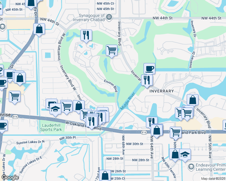 map of restaurants, bars, coffee shops, grocery stores, and more near 3485 Environ Boulevard in Lauderhill