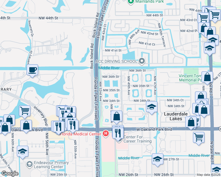 map of restaurants, bars, coffee shops, grocery stores, and more near 5103 Northwest 35th Street in Lauderdale Lakes
