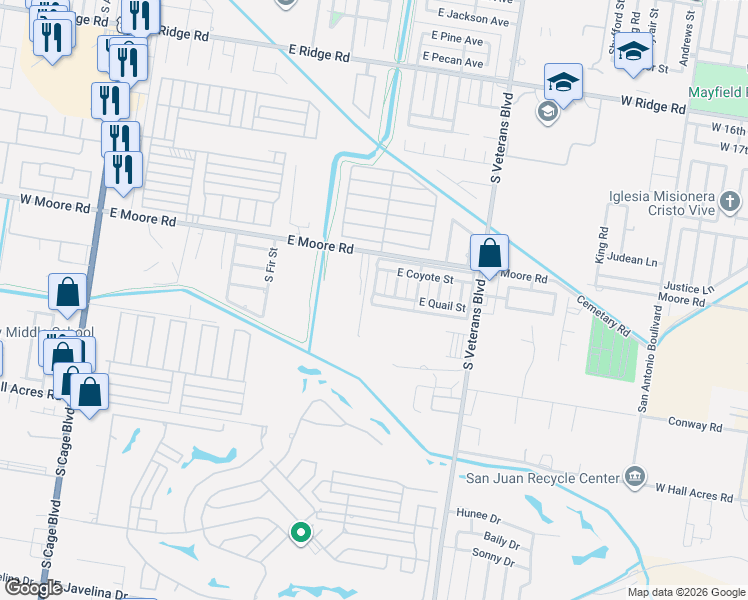 map of restaurants, bars, coffee shops, grocery stores, and more near 1300 East Quail Street in Pharr