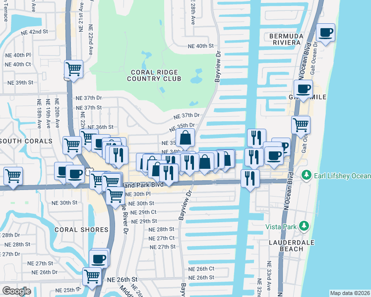 map of restaurants, bars, coffee shops, grocery stores, and more near 2764 Northeast 35th Street in Fort Lauderdale