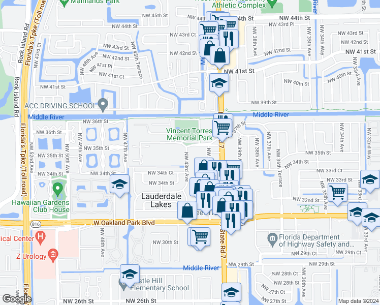 map of restaurants, bars, coffee shops, grocery stores, and more near 3530 Northwest 43rd Avenue in Lauderdale Lakes