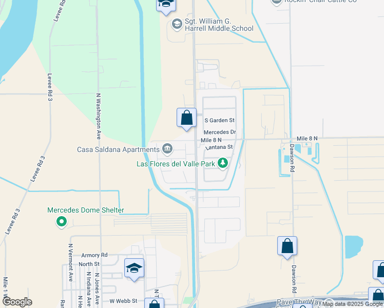 map of restaurants, bars, coffee shops, grocery stores, and more near 1225 North Baseline Road in Mercedes