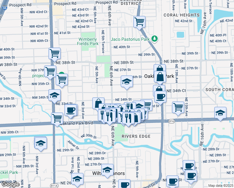 map of restaurants, bars, coffee shops, grocery stores, and more near 699 Northeast 34th Court in Oakland Park