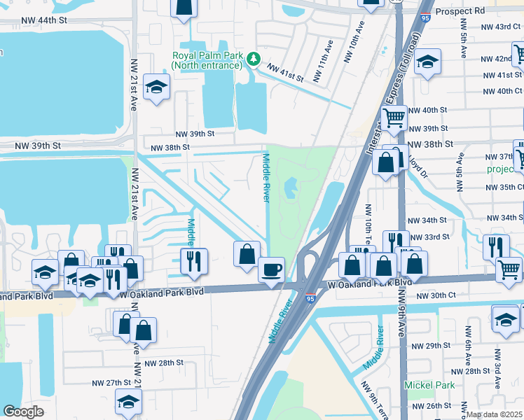 map of restaurants, bars, coffee shops, grocery stores, and more near 106 Royal Park Drive in Oakland Park