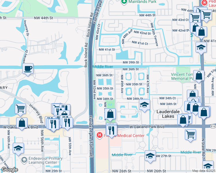map of restaurants, bars, coffee shops, grocery stores, and more near 5003 Northwest 35th Street in Lauderdale Lakes