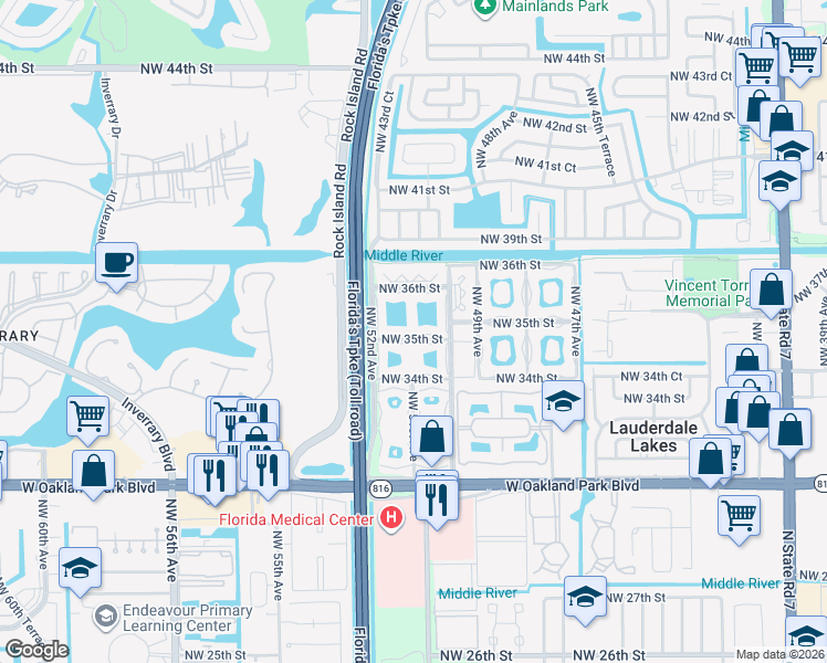 map of restaurants, bars, coffee shops, grocery stores, and more near 5003 Northwest 35th Street in Lauderdale Lakes