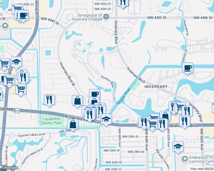 map of restaurants, bars, coffee shops, grocery stores, and more near 3521 Environ Boulevard in Lauderhill