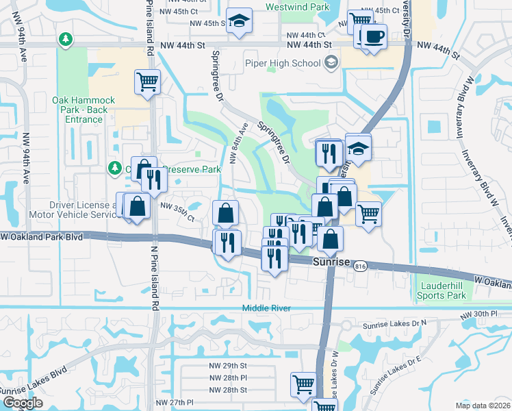 map of restaurants, bars, coffee shops, grocery stores, and more near 3683 Northwest 83rd Lane in Sunrise