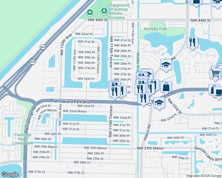 map of restaurants, bars, coffee shops, grocery stores, and more near 3541 Northwest 115th Terrace in Sunrise
