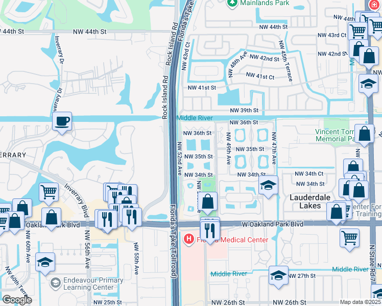 map of restaurants, bars, coffee shops, grocery stores, and more near 5103 Northwest 35th Street in Lauderdale Lakes