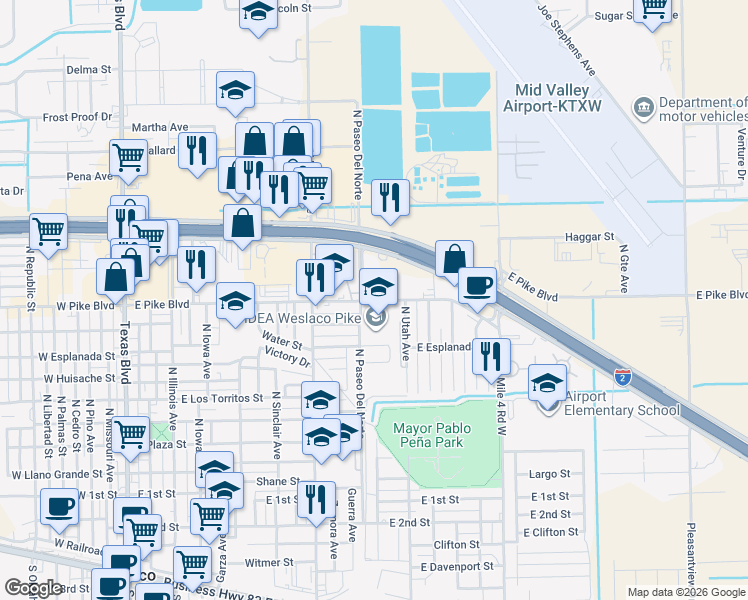 map of restaurants, bars, coffee shops, grocery stores, and more near 901 East Pike Boulevard in Weslaco